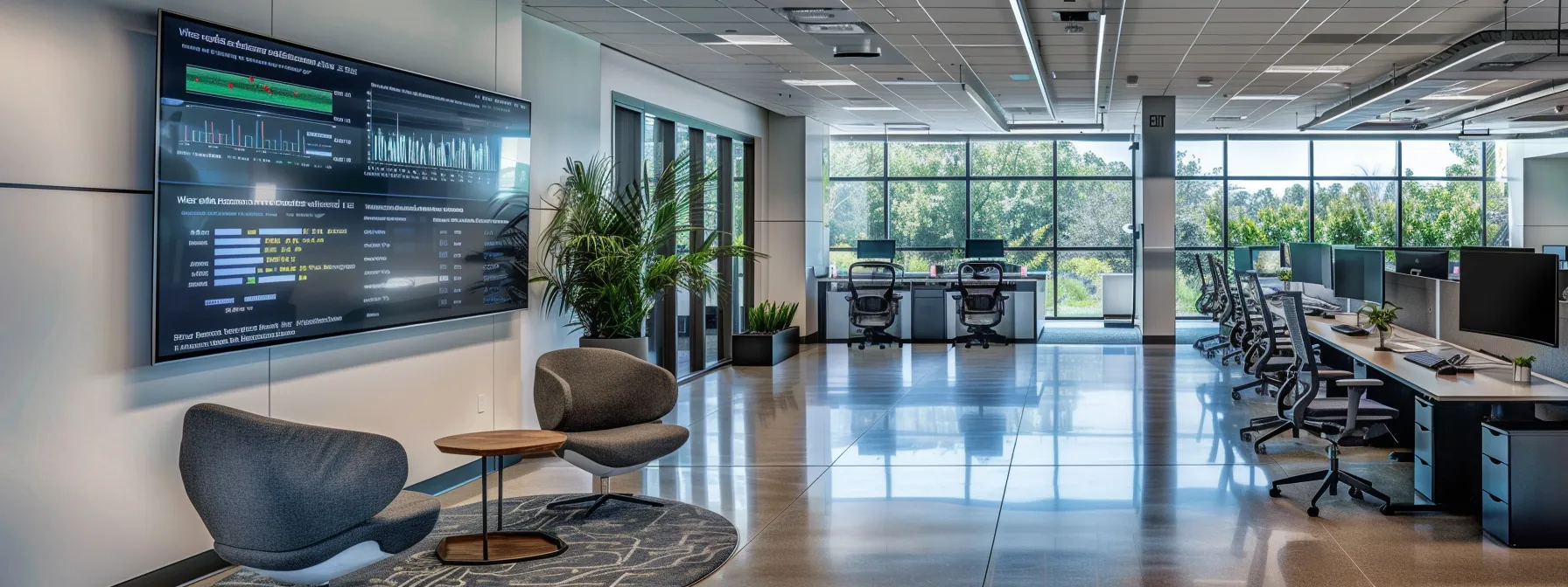 a sleek, modern office space features a large digital display showcasing diverse baseband unit diagrams and network performance metrics, highlighting the cutting-edge technology that enhances communication efficiency.