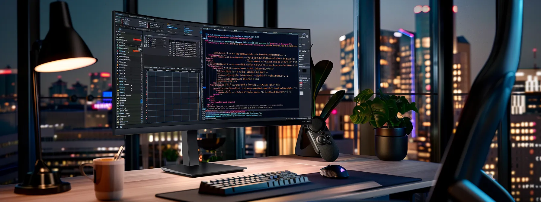 a sleek, modern office workspace showcases a high-resolution computer monitor displaying an intricate command-line interface of the bash shell, with vibrant code highlighted against a dark background, emphasizing the dynamic process of command sequence execution.