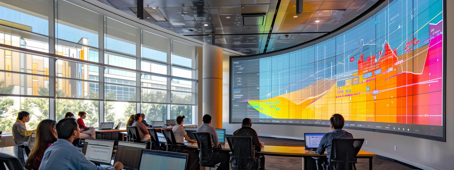 a sleek, modern office workspace features a large digital display illustrating a vibrant bell curve, alongside charts and graphs, while a diverse group of professionals engages in a focused discussion, exploring statistical misconceptions and data analysis strategies.