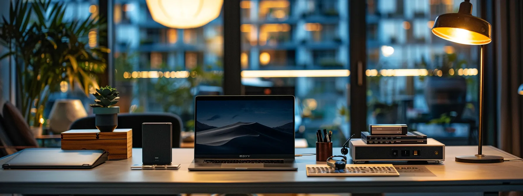 a sleek, modern office workspace showcases a high-tech laptop with an array of diverse external backup storage devices neatly organized on a polished desk, illuminated by focused indoor lighting that highlights their features and compatibility options.