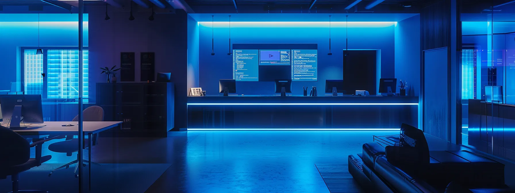a sleek, modern office workspace showcases a computer screen displaying intricate email authentication protocols and security analytics, illuminated by vibrant blue lighting to emphasize the cutting-edge technology in combating spam.