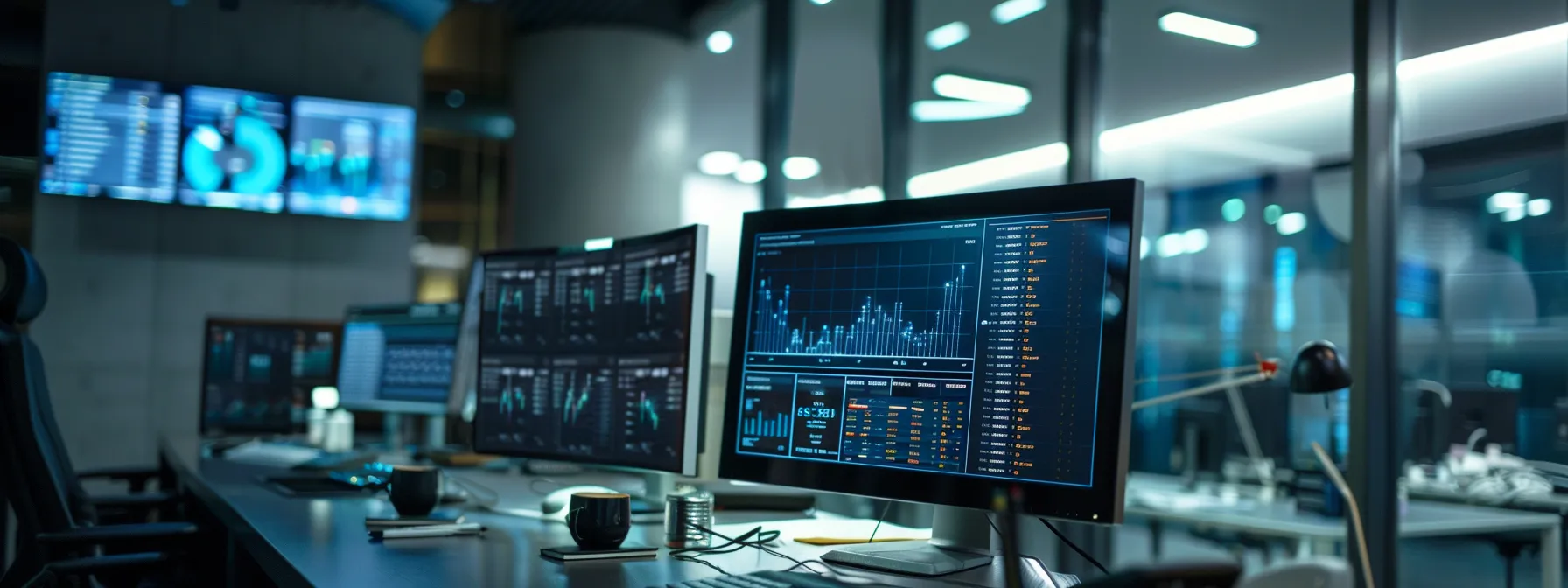 a sleek, modern office workspace features multiple high-resolution monitors displaying real-time data analytics and cybersecurity alerts, emphasizing the dynamic and proactive nature of behavior-based security systems.