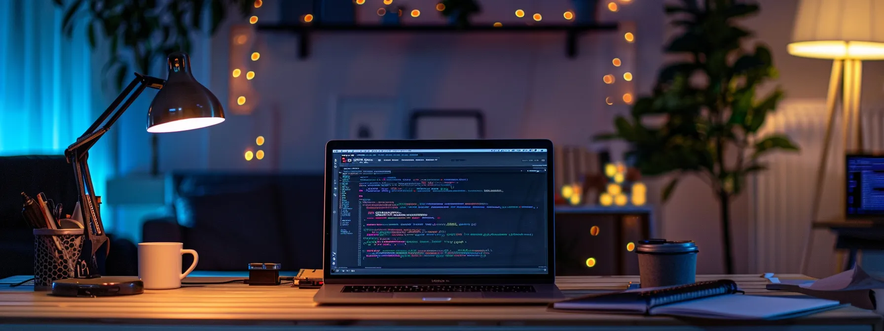 a sleek, modern office workspace features a laptop opened to a vibrant code editor displaying a batch file script, accompanied by neatly arranged tools such as a notepad and programming manuals, all illuminated by focused artificial lighting that emphasizes the high-tech atmosphere of digital creation.