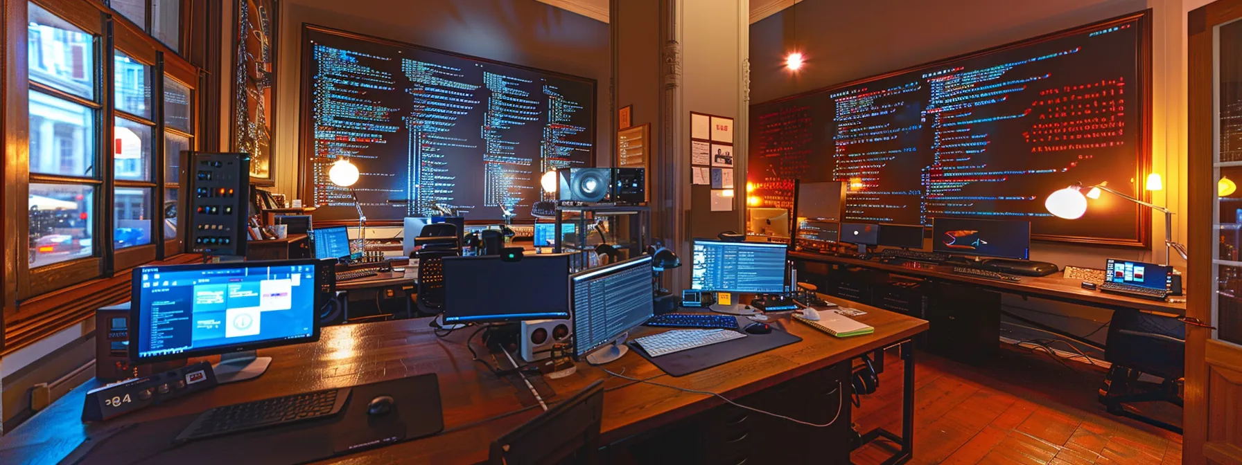 a sleek, modern office workspace is filled with multiple computer screens displaying lines of bash code, surrounded by historical artifacts like vintage programming books and usenet posters, illuminated by focused desk lamps highlighting the evolution of coding techniques.