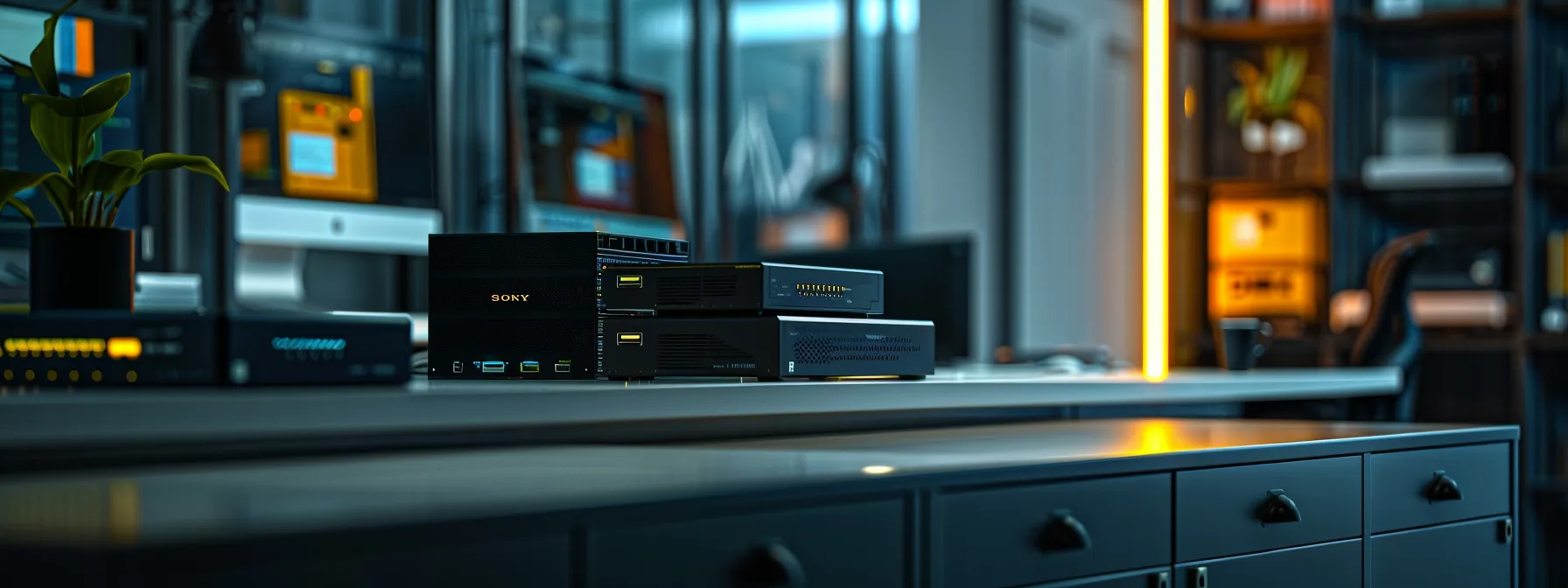 a sleek, modern office workspace showcases a vibrant array of backup storage devices, including external hard drives, ssds, and network-attached storage units, each illuminated by focused, ambient lighting to highlight their advanced technology and performance features.