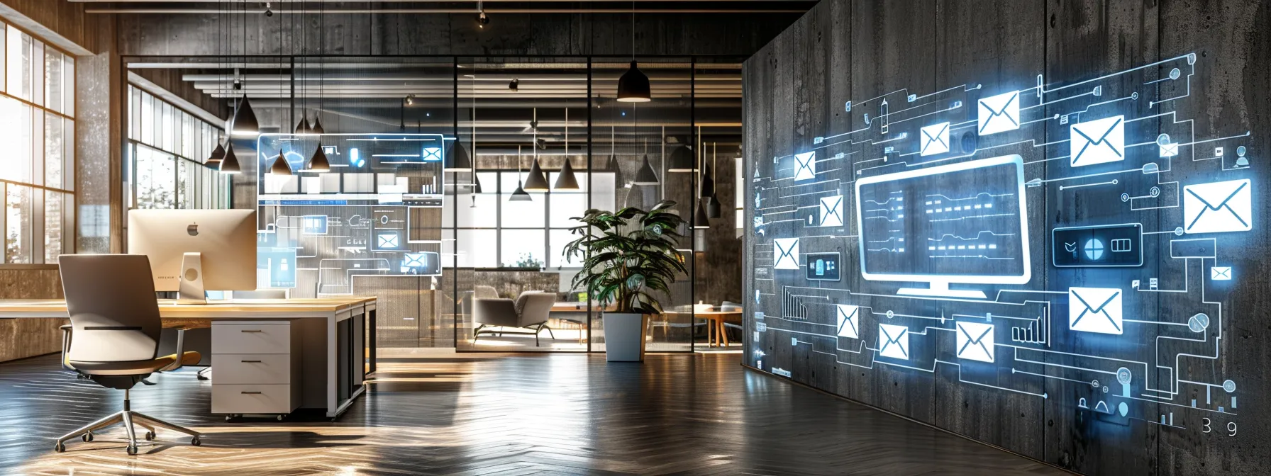 a sleek, modern office workspace features a glowing digital dashboard displaying real-time email filtering metrics and spam volume analysis, surrounded by the latest cybersecurity technology to emphasize efficient communication and it management.