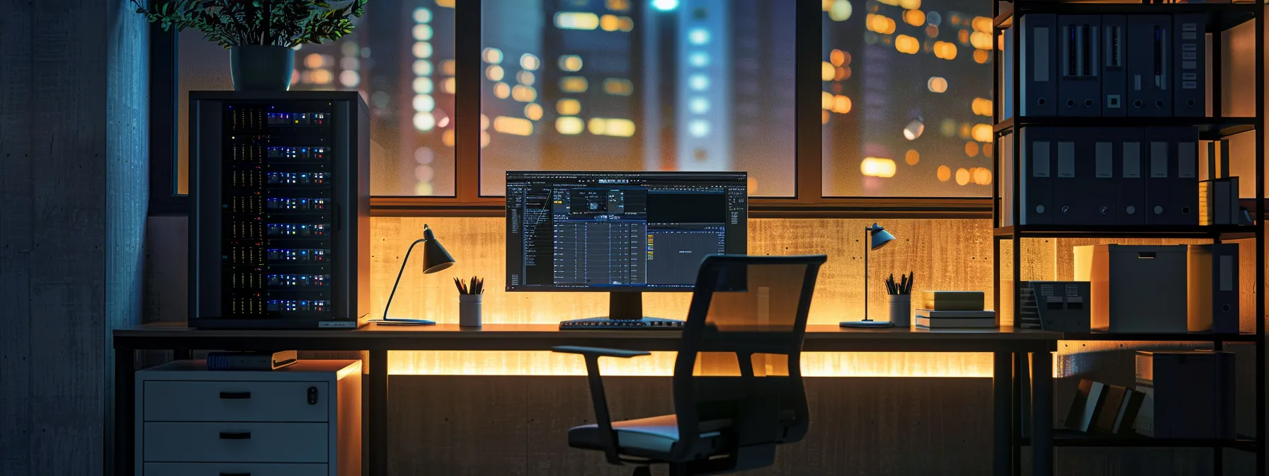 a sleek, modern office workspace is showcased with an array of advanced backup storage devices on a polished desk, illuminated by soft, focused lighting, highlighting their technological sophistication and essential role in data management.