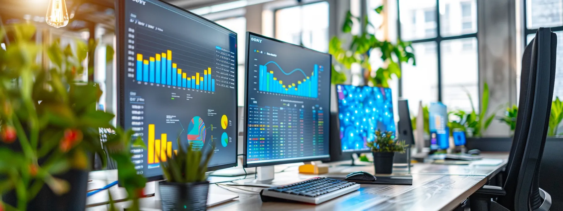 What is Behavioral Targeting? 13 a sleek, modern office workspace adorned with multiple monitors displaying vibrant graphs and analytics dashboards, symbolizing the intricacies of consumer behavior data and digital tracking strategies in targeted advertising.