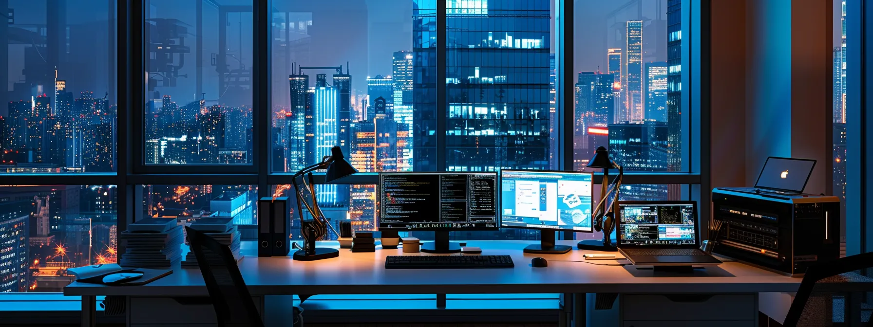 a sleek, modern office workspace features a high-tech baseband processor prominently displayed alongside intricate hardware components like ethernet interfaces and fft modules, illuminated by cool, artificial lighting that highlights the advanced technology.