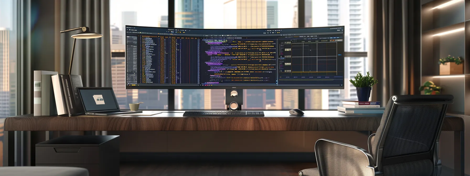 a sleek, modern office workspace showcases a high-resolution monitor displaying a vibrant terminal interface filled with code snippets, while a well-organized desk features essential scripting books and a powerful laptop, embodying the dynamic essence of bash's core features in technology and automation.