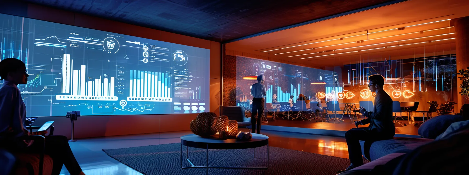 a sleek office environment featuring a diverse team of professionals engaging with a high-tech mobile app interface that displays analytics on employee benefits, with clear graphs and charts illustrating satisfaction and cost-effectiveness.