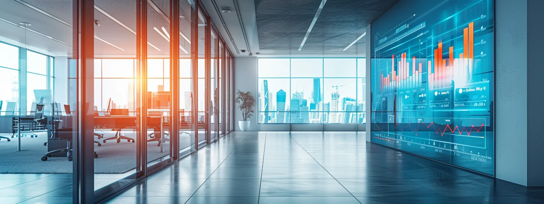 a sleek office space filled with digital screens displaying graphs and statistics on backscatter spam, highlighting its disruptive impact on email communication against a backdrop of vibrant cybersecurity visuals.