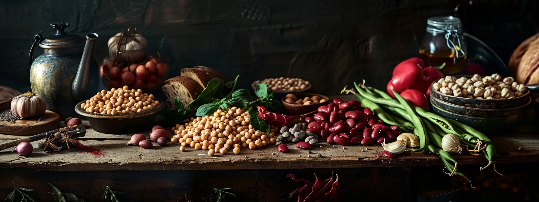 a vibrant, historical kitchen setting showcases an array of ancient beans like chickpeas, soybeans, adzuki, and kidney beans, artfully arranged on a rustic wooden table, evoking the rich culinary legacy and trade significance of these ingredients across different cultures.