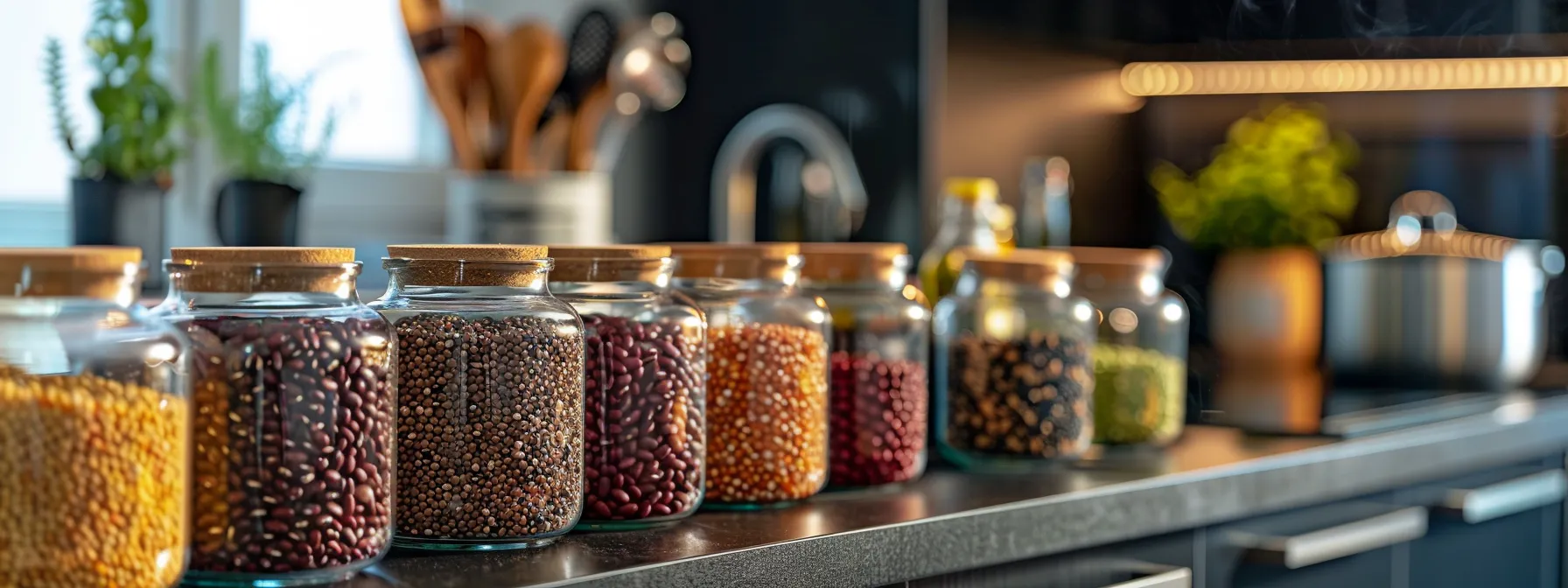 a vibrant kitchen scene showcases a variety of colorful beans in elegant glass jars, highlighting their distinctive shapes and textures against a sleek countertop, with pots and cooking utensils arranged neatly in the background, symbolizing their importance in culinary creativity.