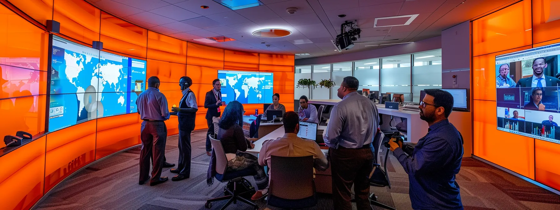 a vibrant office environment showcases a diverse team engaged in a dynamic discussion around a digital presentation on employee benefits administration, illuminated by modern lighting, symbolizing the integration of hr strategy and corporate goals.