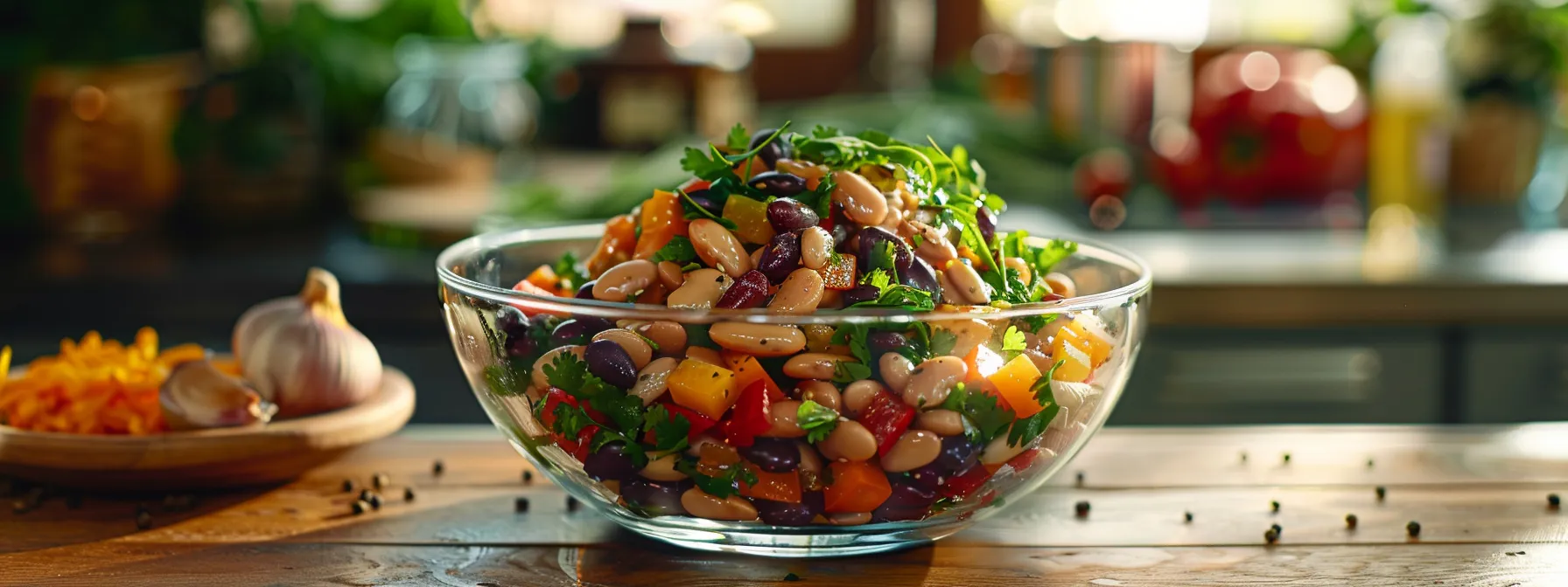 an elegantly arranged bean salad sits in a modern glass bowl on a sleek wooden table, surrounded by vibrant culinary elements and spices, showcasing the bean's cultural significance and versatility in everyday cooking.