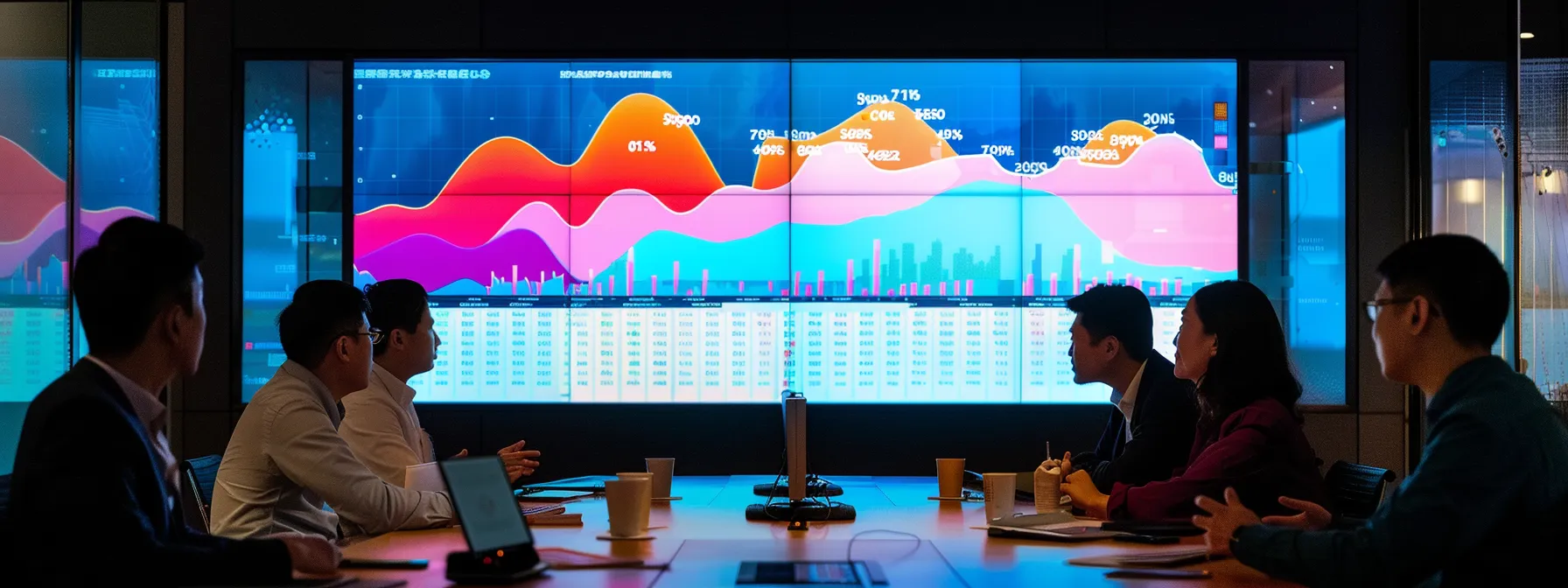 an illuminated office conference room features a large screen displaying a detailed bell curve graphic, highlighting standard deviations with vibrant colors and clear labels, while a diverse group of professionals attentively engages in discussion around a sleek, modern table.