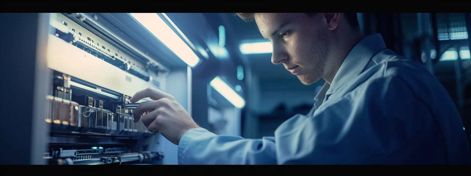a close-up shot of a technician meticulously inspecting the intricate components of an office copier, with clear focus on the fuser unit and drum surface under bright fluorescent lighting, emphasizing precision and technical expertise in routine maintenance.