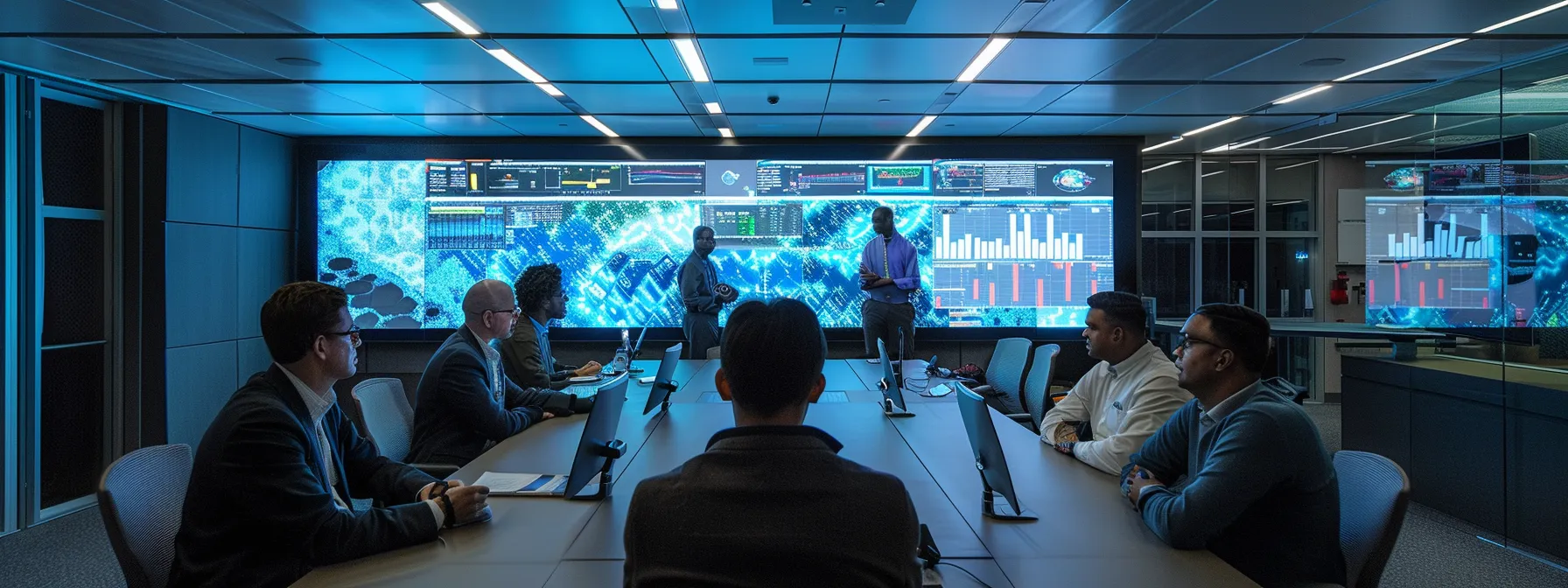 in a sleek, modern conference room, a diverse group of professionals intensely analyzes intricate battery technology charts on a large digital display, highlighting the contrasts between nickel-cadmium and lithium-ion systems under focused overhead lighting.