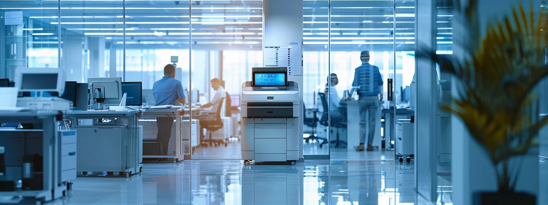 a modern office environment showcases a sleek, high-tech copier with illuminated digital displays, emphasizing the importance of speed metrics like ppm and fpot, surrounded by professionals engaged in thoughtful discussions about printing efficiency and technology integration.