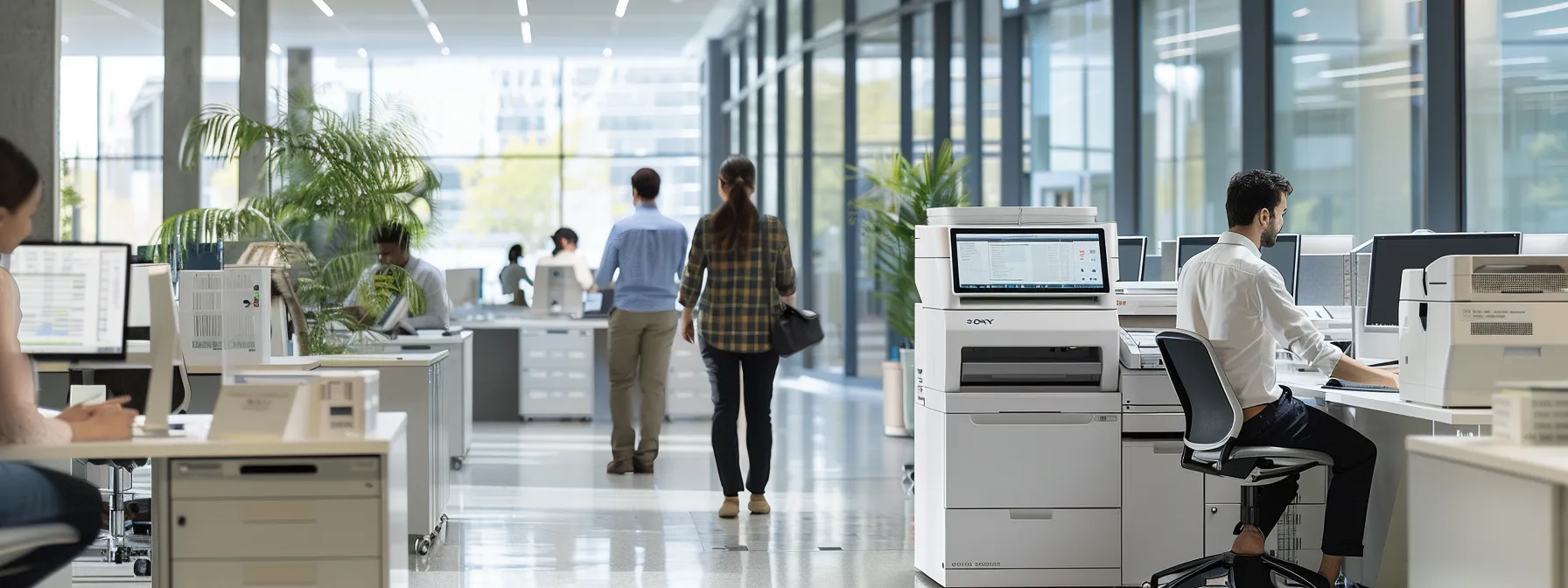 a modern office environment showcases a sleek, high-tech copier surrounded by employees engaged in a training session, emphasizing secure printing practices and document management in a vibrant, professional setting.