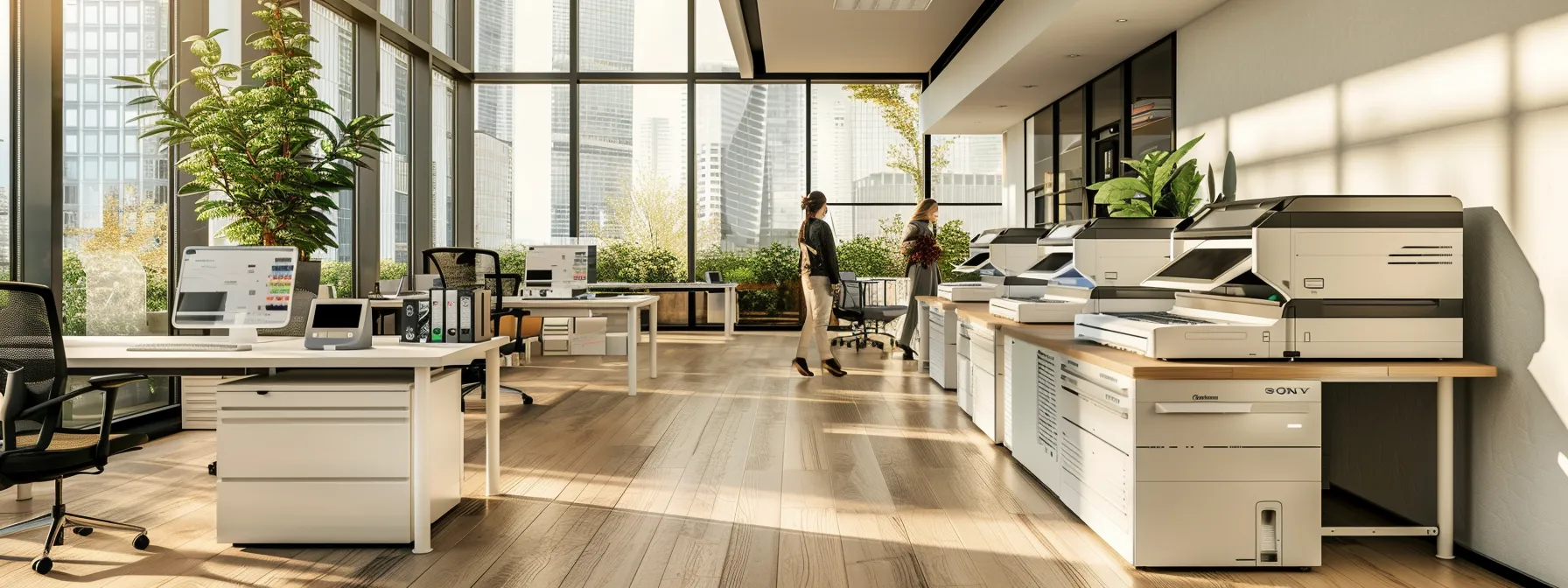 a modern office filled with sleek desks and high-tech multifunction copiers, where a diverse team collaborates around a large digital display, reviewing detailed assessments of print volume and security features in a dynamic, tech-savvy environment.