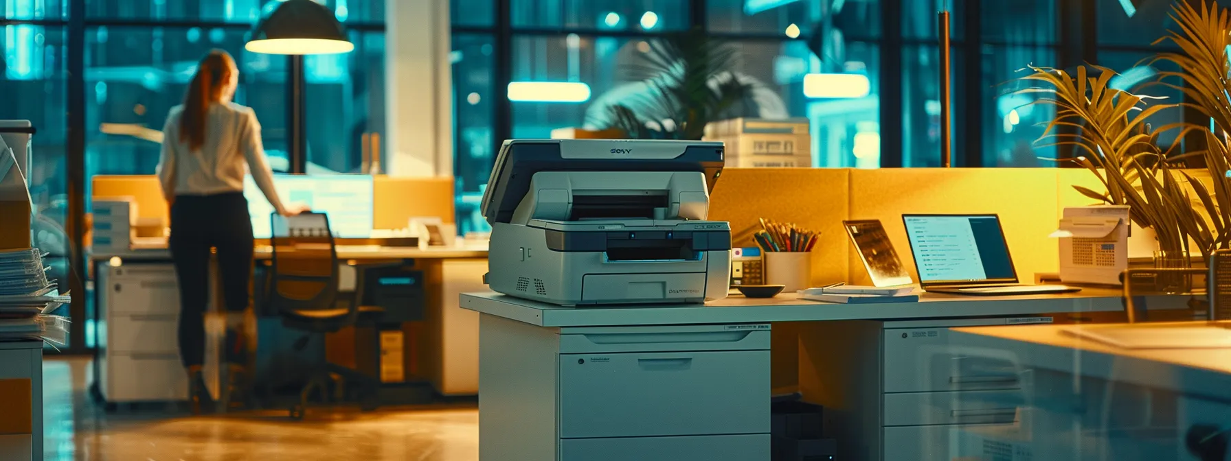 a modern office interior showcases a sleek multifunction copier at the center, surrounded by organized workstations with professionals collaborating seamlessly, emphasizing efficiency and streamlined operations.