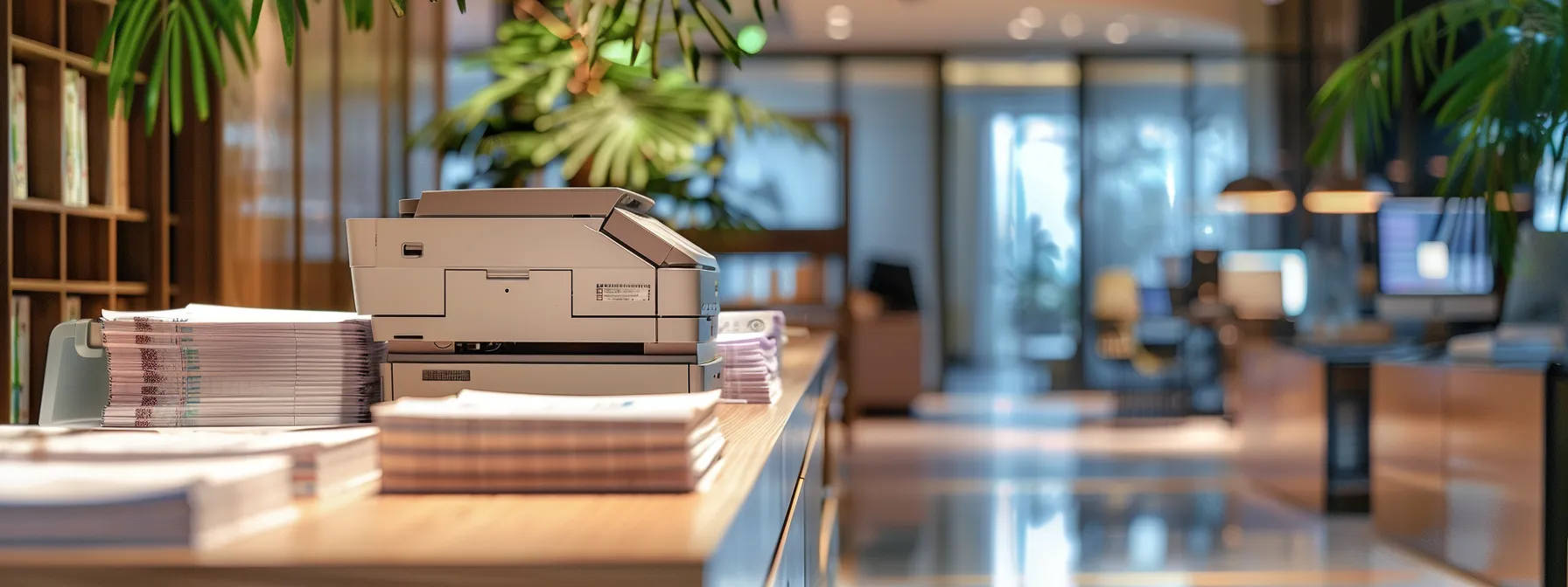 a modern office setting features a sleek copier surrounded by neatly organized reams of paper, emphasizing efficient paper handling with clear instructions displayed on a nearby digital screen.