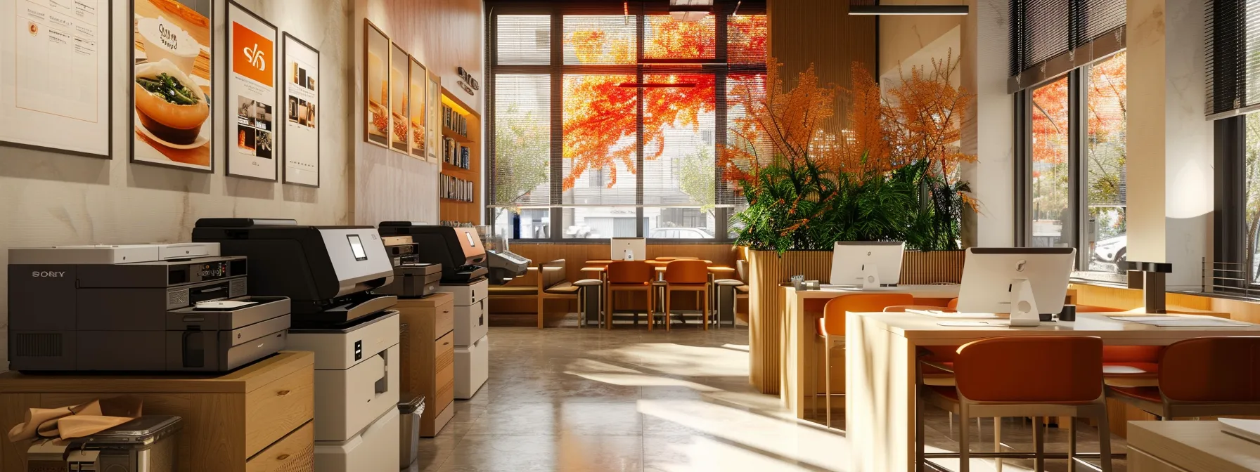 a modern office setting showcases a high-tech copier prominently displaying vibrant color documents alongside monochrome prints, illustrating the contrast in output speed while emphasizing efficiency and accessibility in a sleek, professional environment.