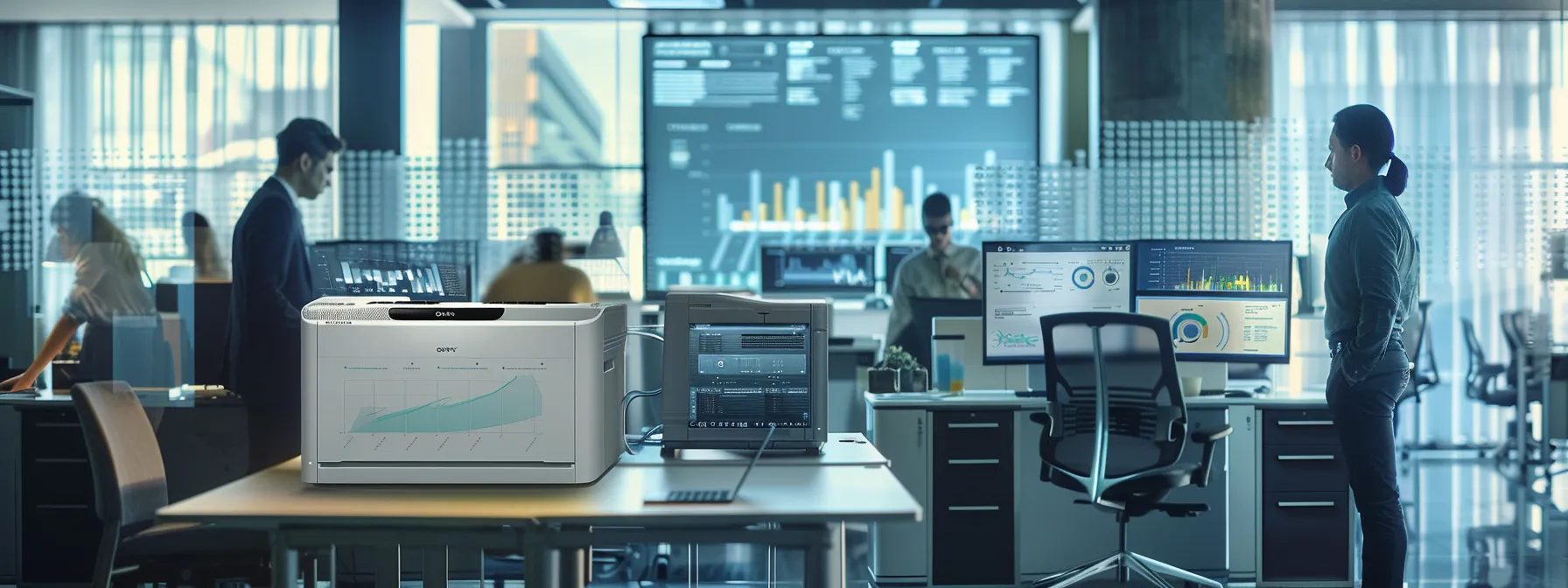 a modern office space features a high-performance printer in action, surrounded by employees engaged in focused discussions, with digital graphs and data visualizations projected on screens, highlighting the critical role of print speed on workflow efficiency.