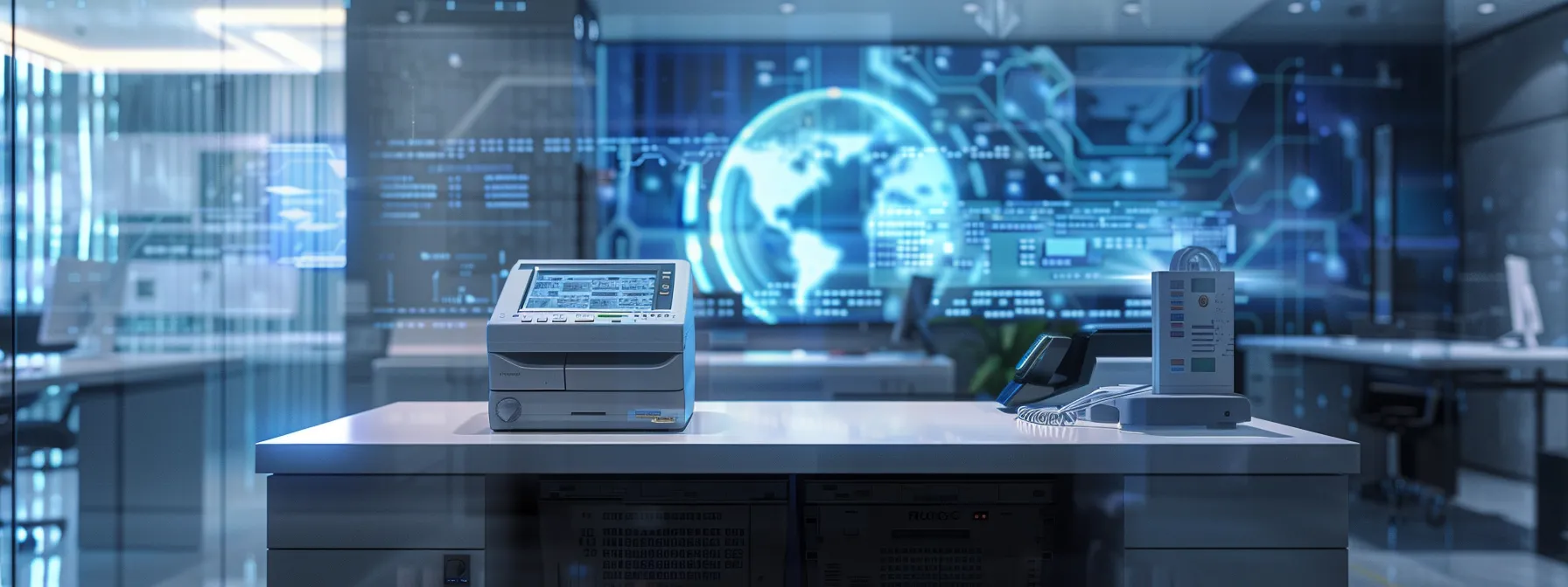 a sleek modern office environment showcases a high-tech copier with glowing access control pads, surrounded by a digital display of user authentication options and biometric sensors, emphasizing robust security measures for authorized personnel.