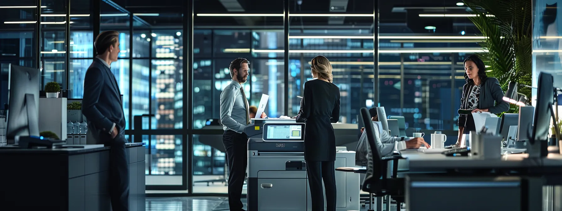 a sleek, modern office environment features a sophisticated multi-function copier at the center, surrounded by busy professionals analyzing intricate printouts and discussing workflows, highlighted by sharp lighting that emphasizes the copier's technological features and the dynamic interactions.