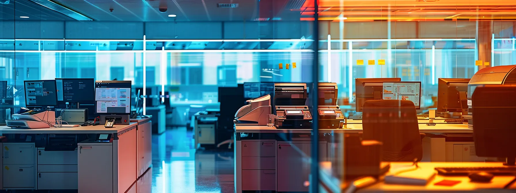 Upgrade Your Workflow Using Cloud-Compatible Copiers 13 a sleek, modern office environment showcases efficient cloud-compatible copiers in action, surrounded by vibrant digital dashboards displaying productivity metrics and cost savings, embodying the essence of streamlined workflows and operational excellence.