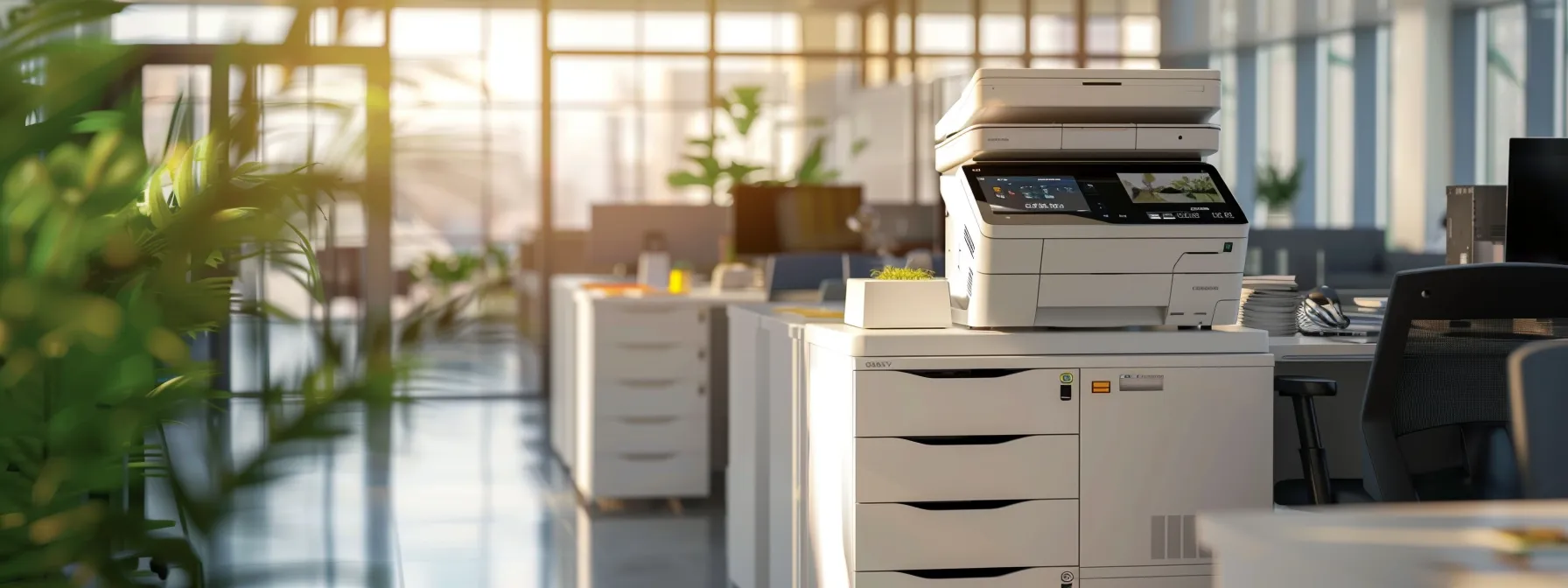 a sleek, modern office environment showcases a multifunction copier prominently positioned in front of a vibrant digital display, emphasizing its energy-efficient design and technological sophistication as employees engage with its touchscreen features.