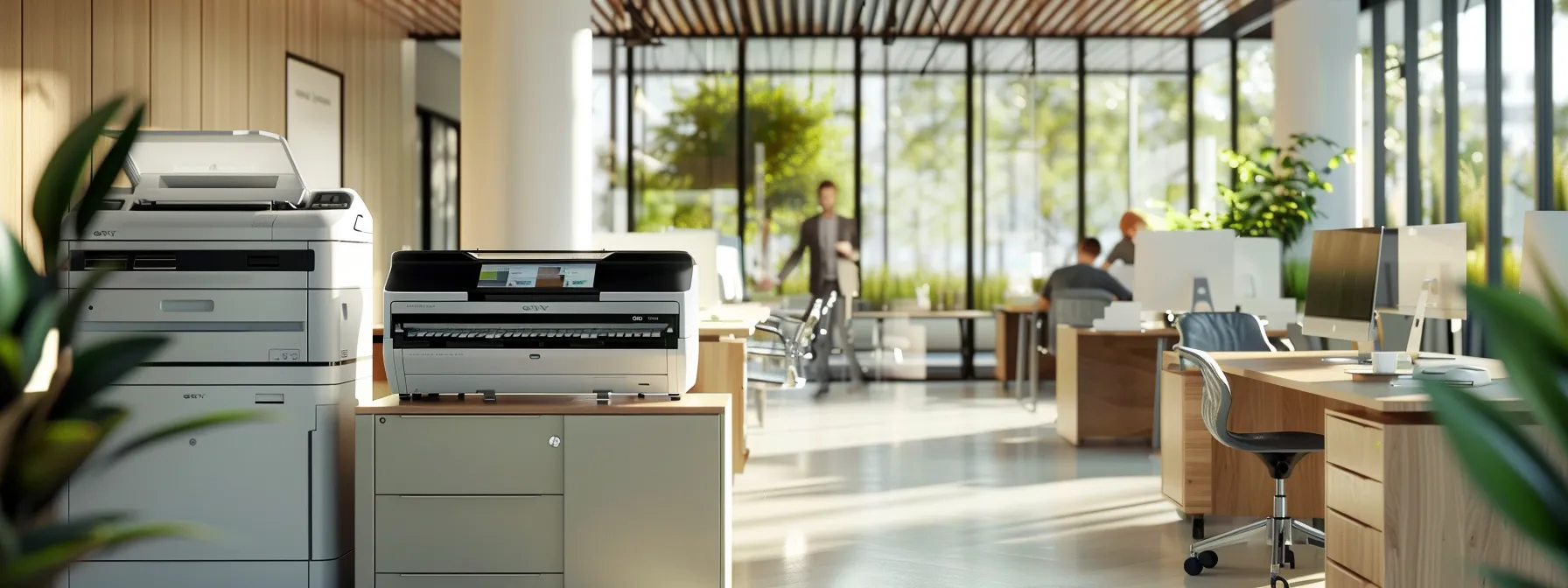 Upgrade Your Workflow Using Cloud-Compatible Copiers 10 a sleek, modern office environment showcases a color printer connected to a digital cloud interface, with professionals confidently managing remote printing tasks from their mobile devices, highlighting the seamless integration of technology and productivity.