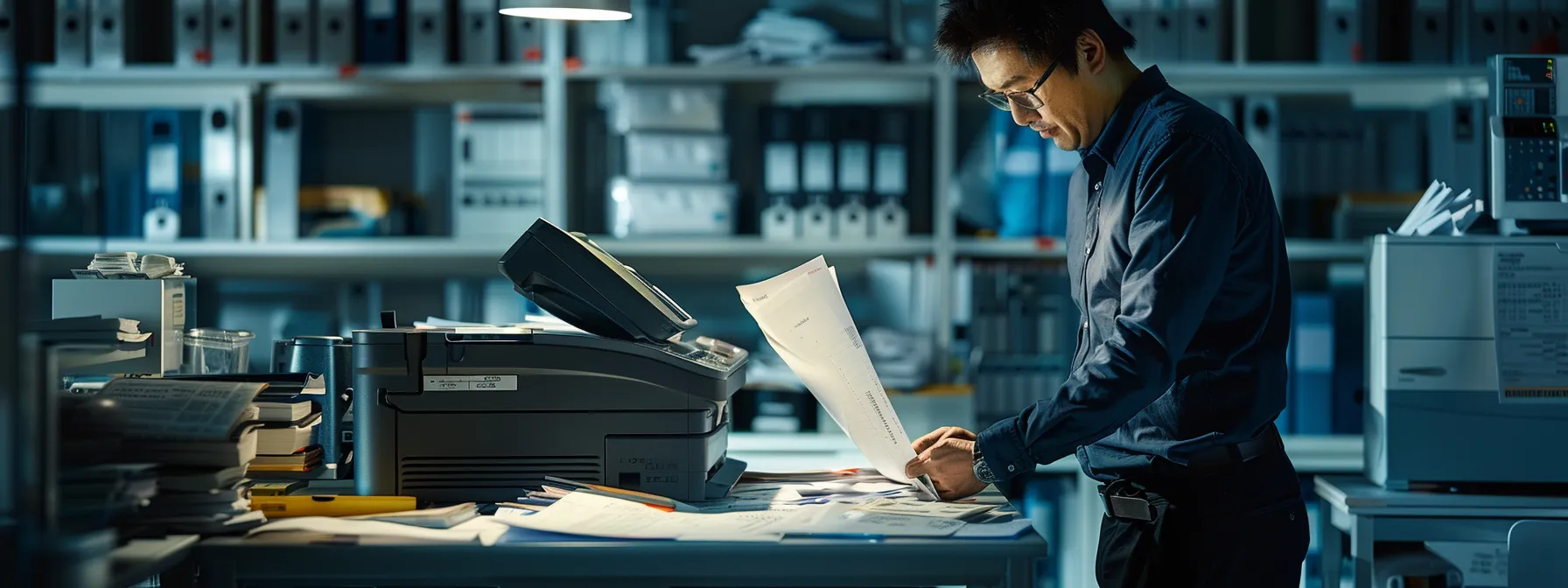 a sleek, modern office environment showcases a professional technician diligently examining a high-tech copier surrounded by scattered printouts, highlighting the urgency and complexity of maintaining optimal copier functionality.