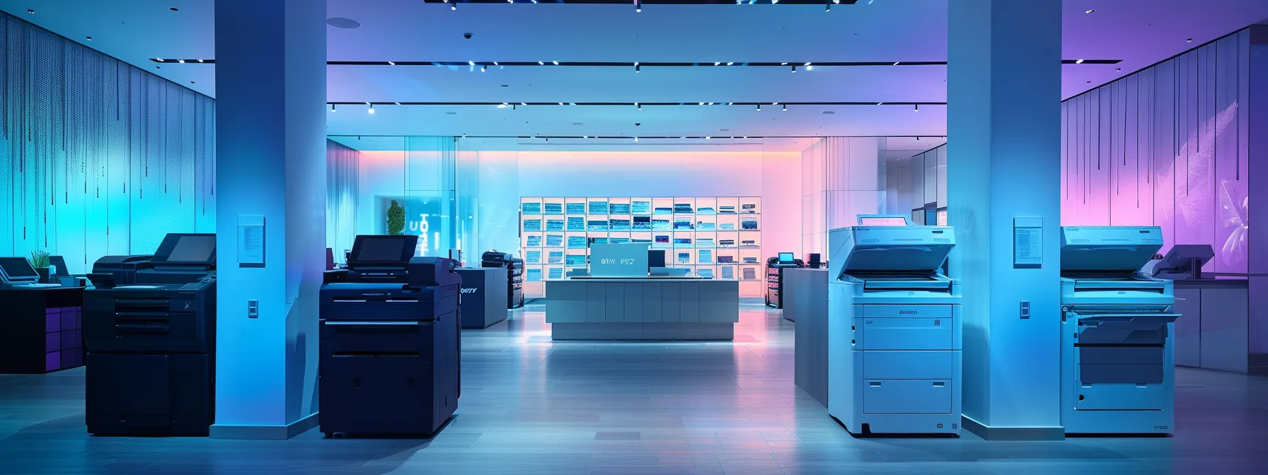 a sleek, modern office environment features a high-tech multifunction printer surrounded by various categories of copiers, each labeled with distinct speed indicators, highlighting the contrast between desktop and freestanding models in a dynamic, professional atmosphere.
