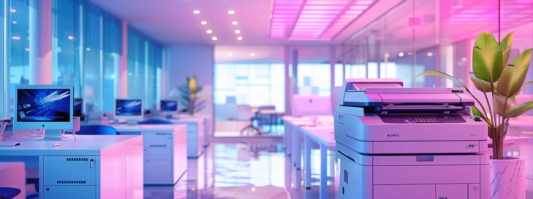 a sleek, modern office environment showcases a multifunction copier at work, skillfully demonstrating vibrant color printing processes with vivid cyan, magenta, yellow, and black toner cartridges prominently displayed.