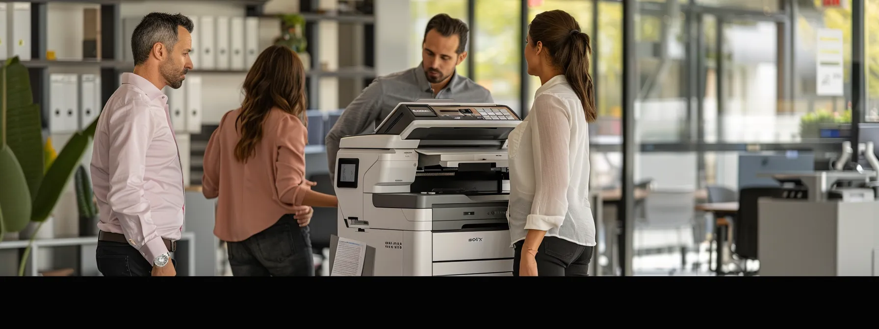 a sleek, modern office environment features a high-tech copier prominently displayed amidst a group of professionals engaged in a discussion, highlighting the strategic evaluation of print speed versus overall value in a dynamic corporate setting.