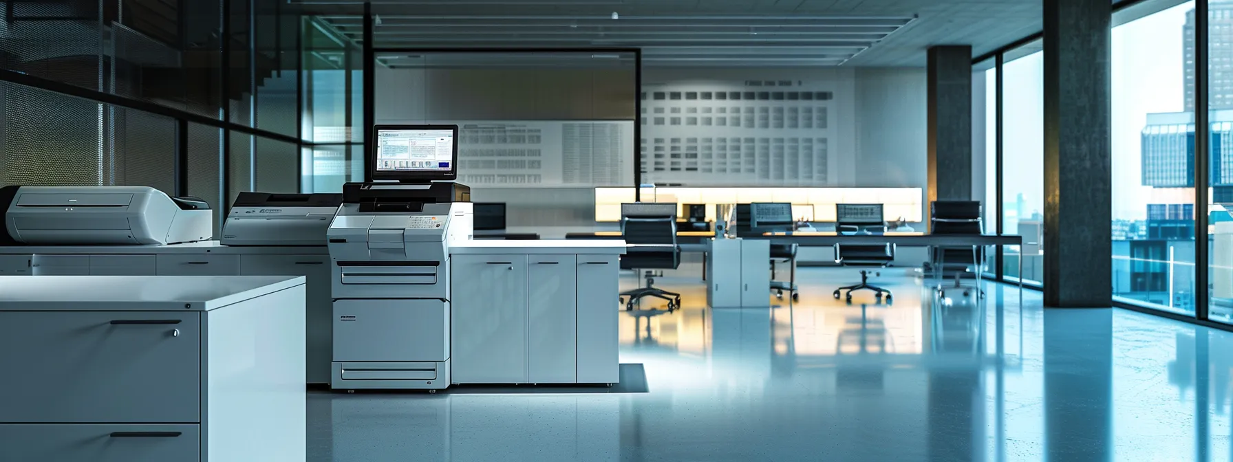 a sleek, modern office featuring a multifunction copier at the center, showcasing vibrant digital security interface screens and visible audit trails, all illuminated by focused task lighting, symbolizing robust document security and compliance measures.