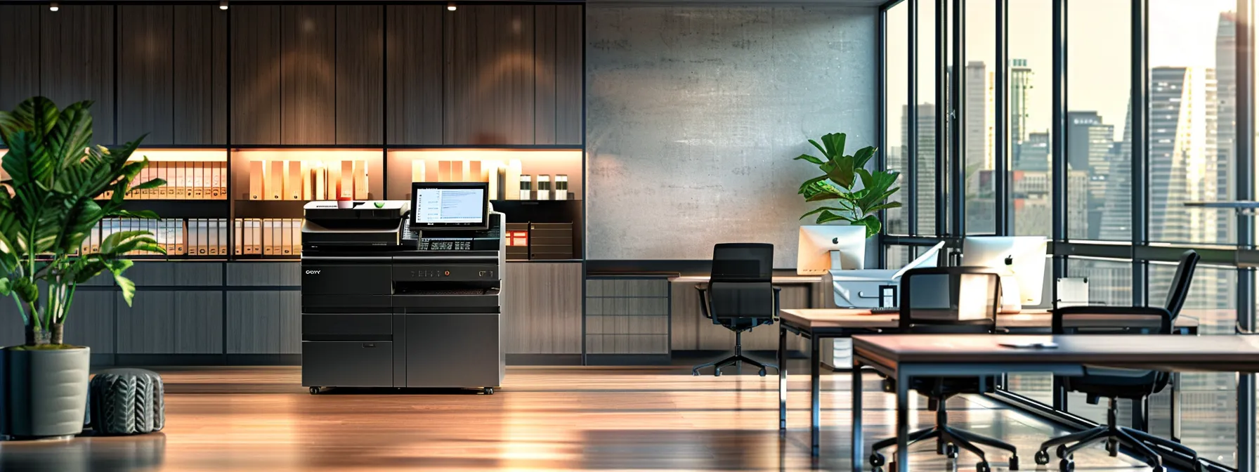 a sleek, modern office setting showcases a state-of-the-art copier with a vivid digital interface displaying user authentication and encryption features, surrounded by secure workspace elements that emphasize the importance of confidential document handling.