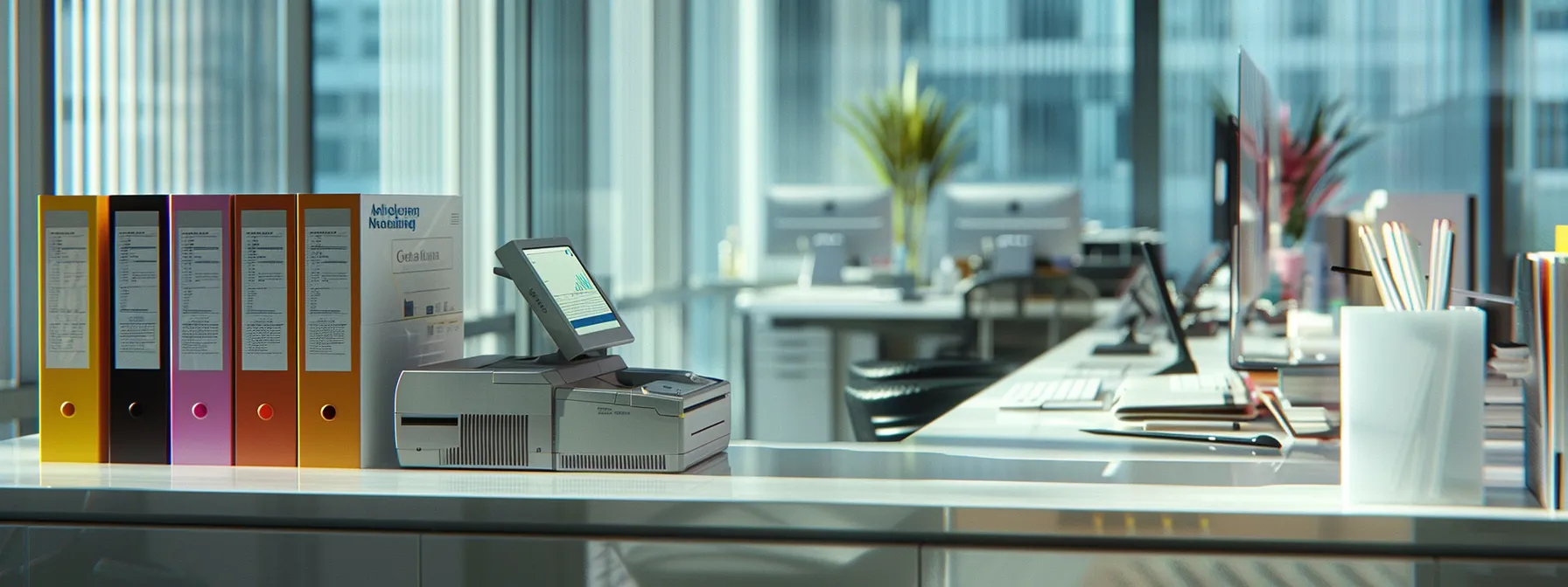 a sleek, modern office setting showcases a color copier in action, surrounded by financial reports and color cartridge boxes, highlighting the intricate balance of operational costs and efficiency in color printing technology.