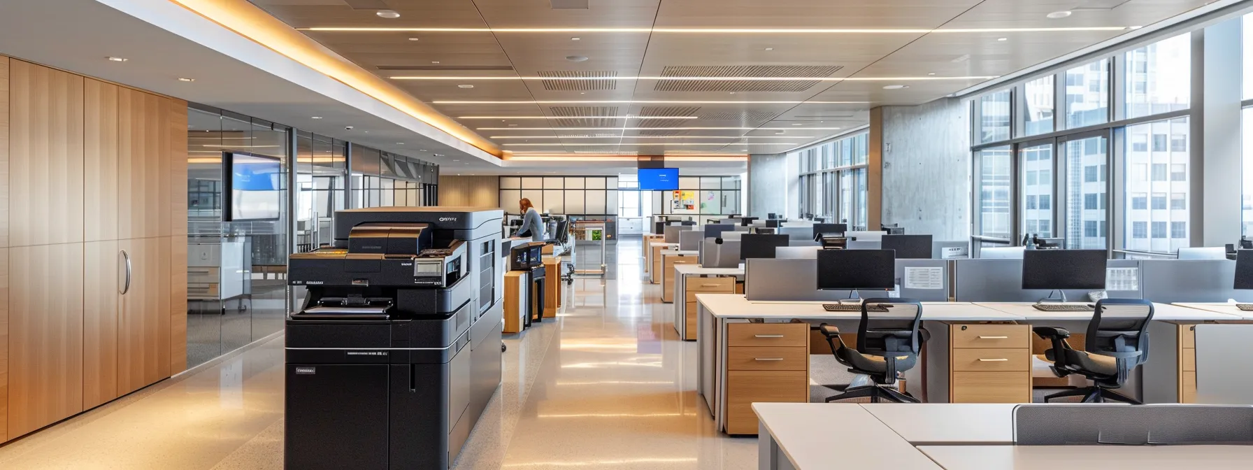 a sleek, modern office setting features a multifunction copier at the center, with professionals efficiently multitasking, utilizing its advanced capabilities like mobile printing and direct scanning, alongside vibrant digital displays showcasing productivity metrics.