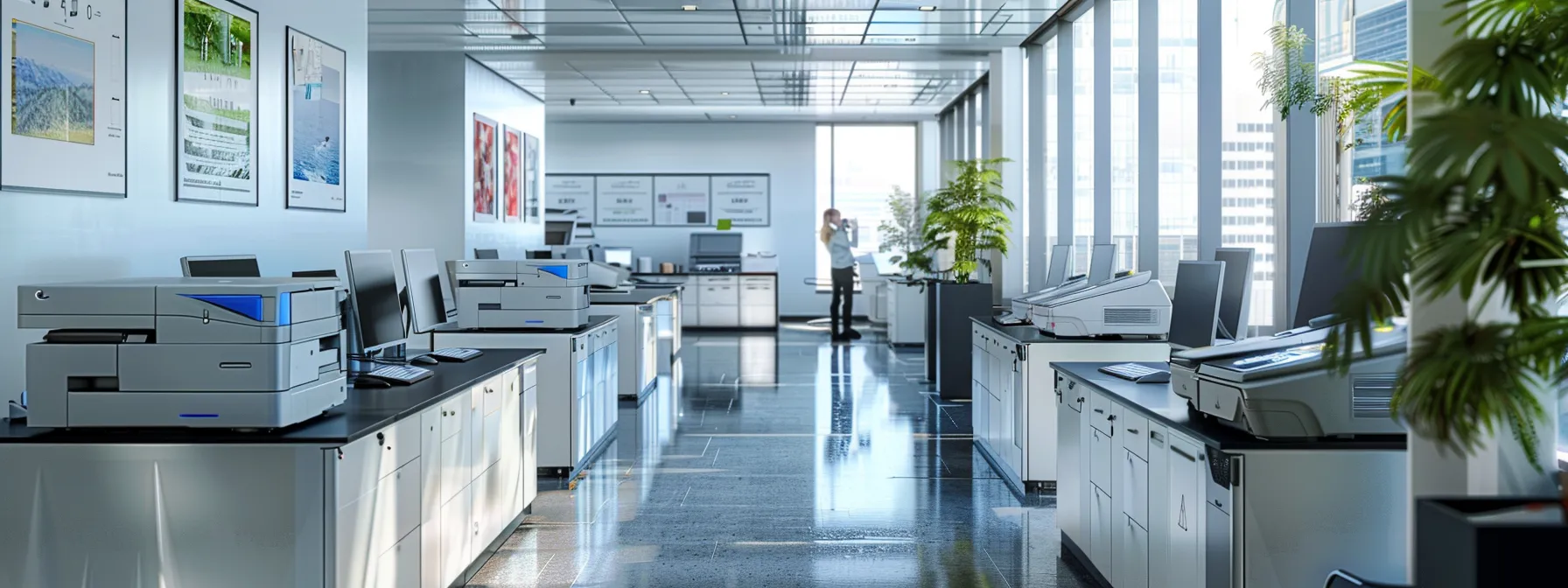 a sleek, modern office space showcases a row of advanced color copiers, each displaying vibrant prints, while professionals evaluate print volumes and compatibility on digital screens in a well-lit environment.