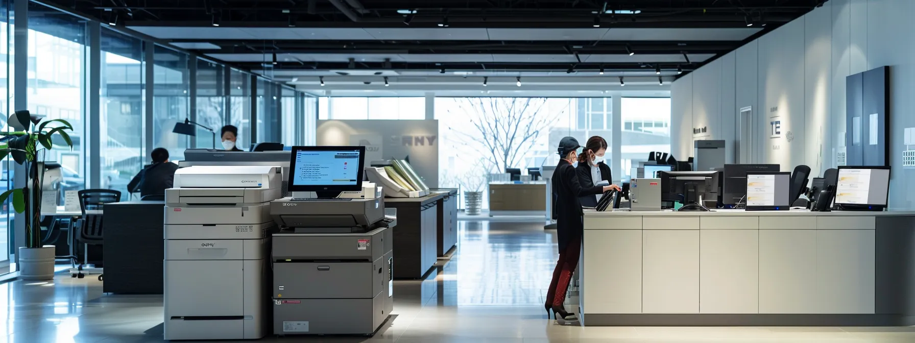 a sleek, modern office space showcases a high-tech copier machine surrounded by busy professionals analyzing print volume data on digital screens, emphasizing the critical need for efficient output speeds during peak printing periods.