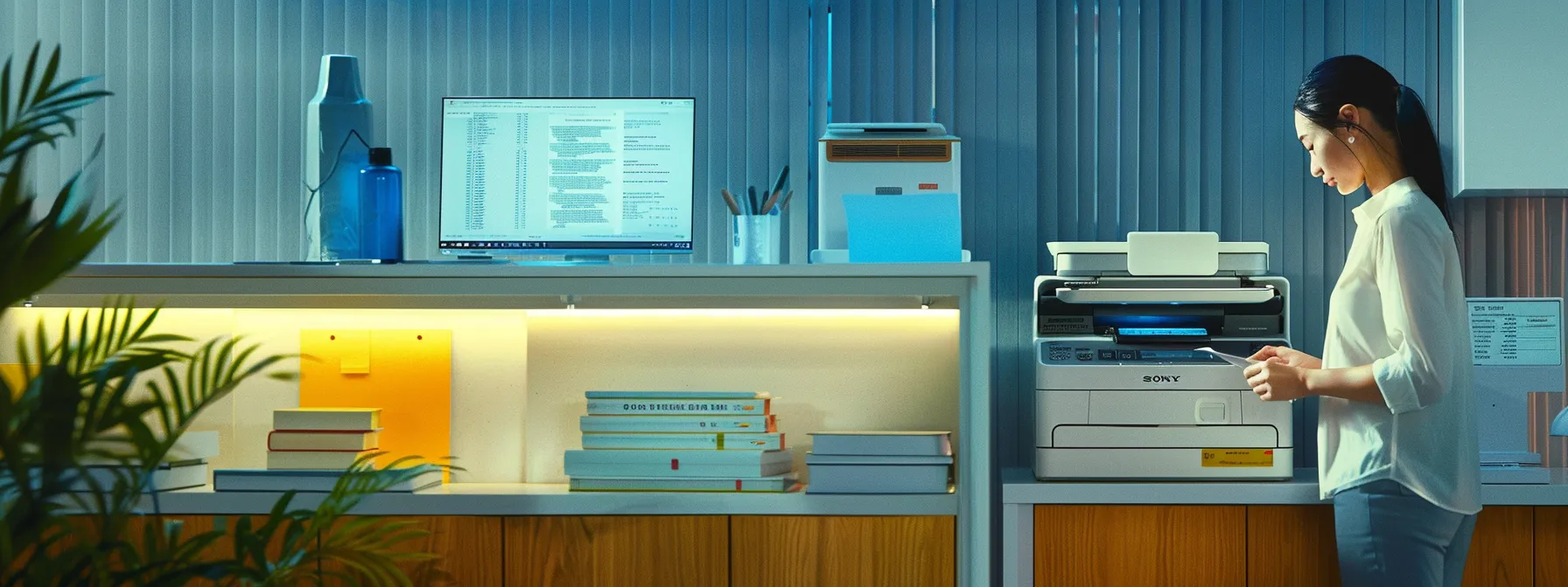 a sleek, modern office workspace features a vibrant color multifunction copier in use, with a digital display showcasing advanced scan-to-email functions while a user effortlessly captures high-fidelity documents from their mobile device, exemplifying efficient document management and workflow optimization.