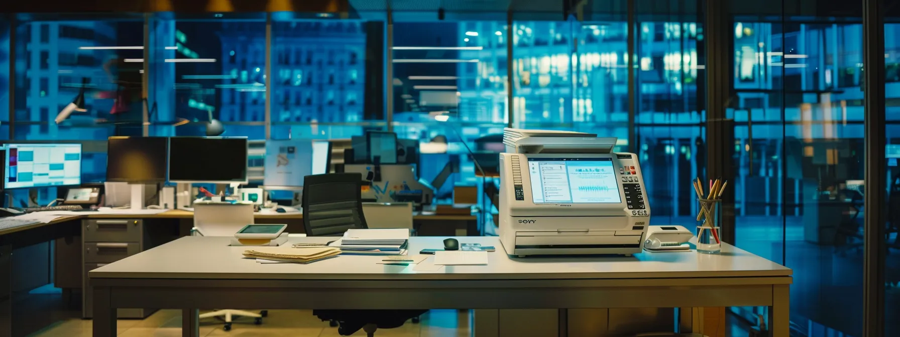 a sleek, modern office workspace features a multifunction copier prominently displaying its advanced control panel, with vibrant digital documents ready for printing and a connected display showing seamless integration with cloud platforms.