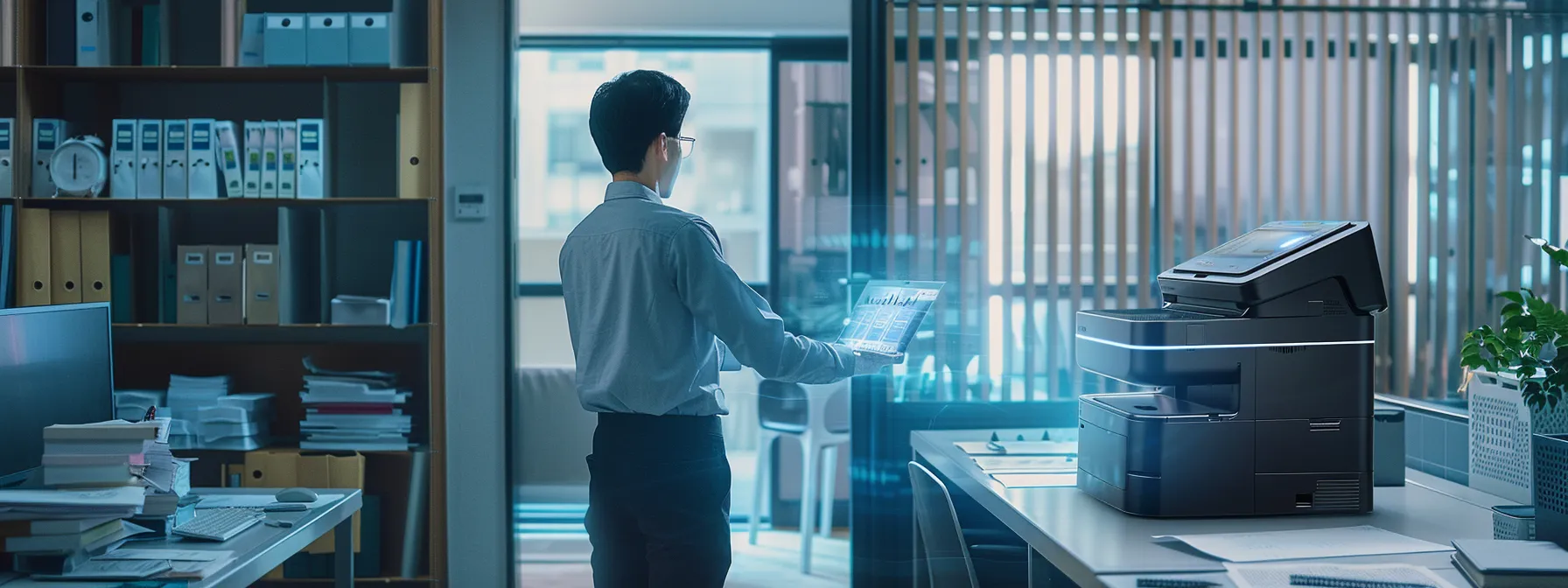 a sleek office environment features a modern copier with a glowing screen showcasing security settings, surrounded by documents and a technician meticulously configuring built-in encryption tools, emphasizing the importance of safeguarding sensitive information.