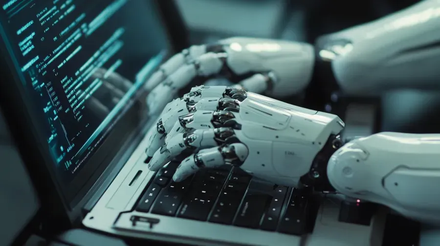 robot typing on laptop