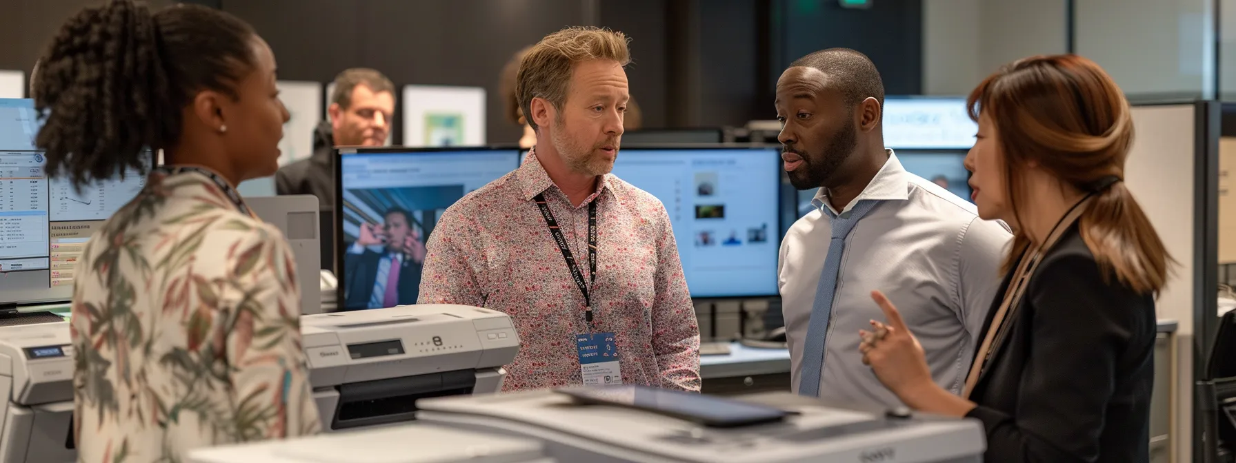 a sleek, modern office setting showcases a diverse group of professionals engaged in a strategic discussion around a digital presentation highlighting the financial pros and cons of purchasing versus leasing office copiers.